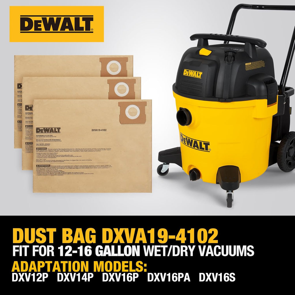 3 Pack DEWALT Dust Bag DXVA19-4102, for 12-16 Gallon Wet/Dry Vacuum, Filter Bag Compatible with DXV12P DXV14P DXV16P DXV16PA DXV16S