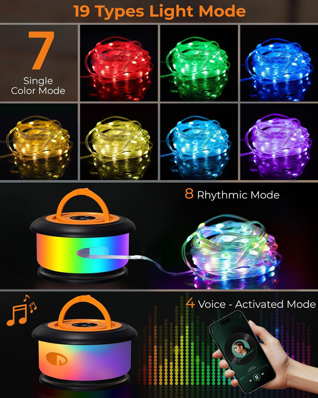Camping String Lights, Retractable 32.8FT Rechargeable Fairy Light