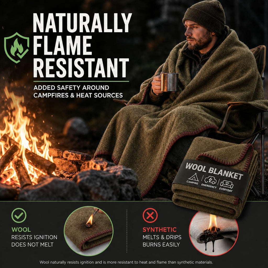 JMR Wool Camping Blanket, Fire Retardant Military Throw, Olive (62x84)