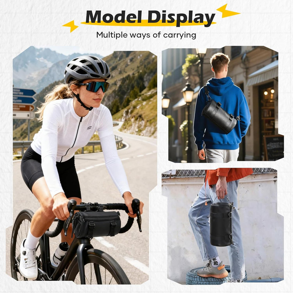SEAFEW 4L Black Bike Handlebar Bag, Waterproof Bicycle Accessories, Bike Frame Front Pouch with Zipper and Shoulder Strap, Small Mountain Road Bike Barrel Bag