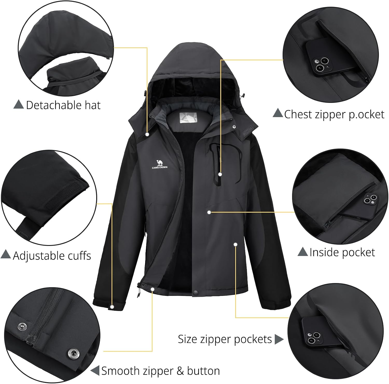 CAMELSPORTS Mens Winter Jacket Waterproof Warm Snow Ski Jackets Faux Fur Fleece Rain Coats with Removable Hood