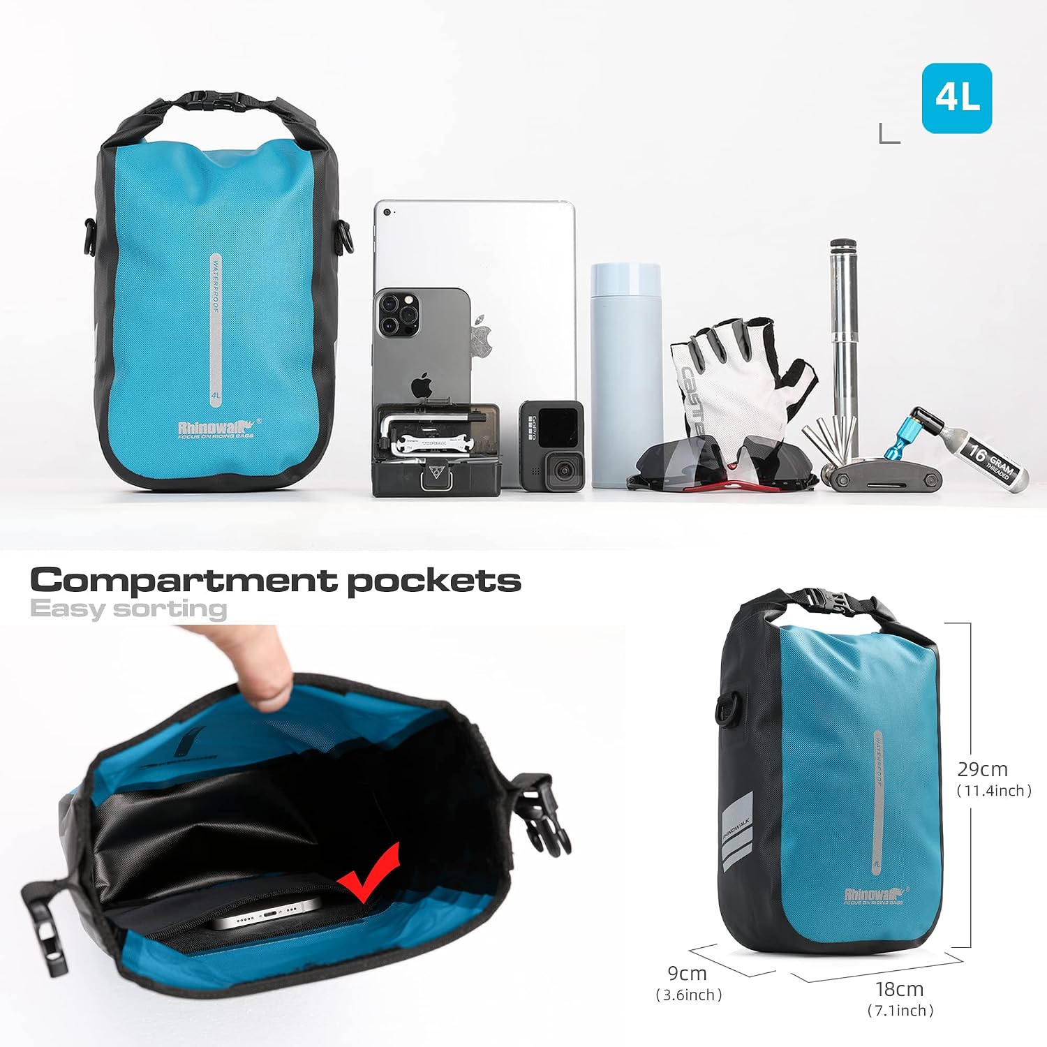 Rhinowalk Bike front fork Waterproof Bag Bike Pannier Bag Saddle Bag Fork Bag Rack Bicycle Bag Shoulder Bag for E-Scooter Mountain Bike Accessories [Blue 4L]