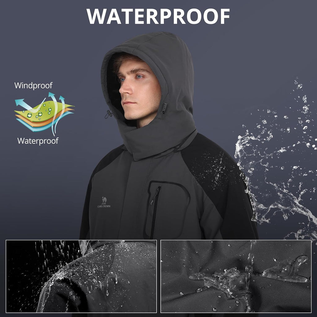 CAMELSPORTS Mens Winter Jacket Waterproof Warm Snow Ski Jackets Faux Fur Fleece Rain Coats with Removable Hood