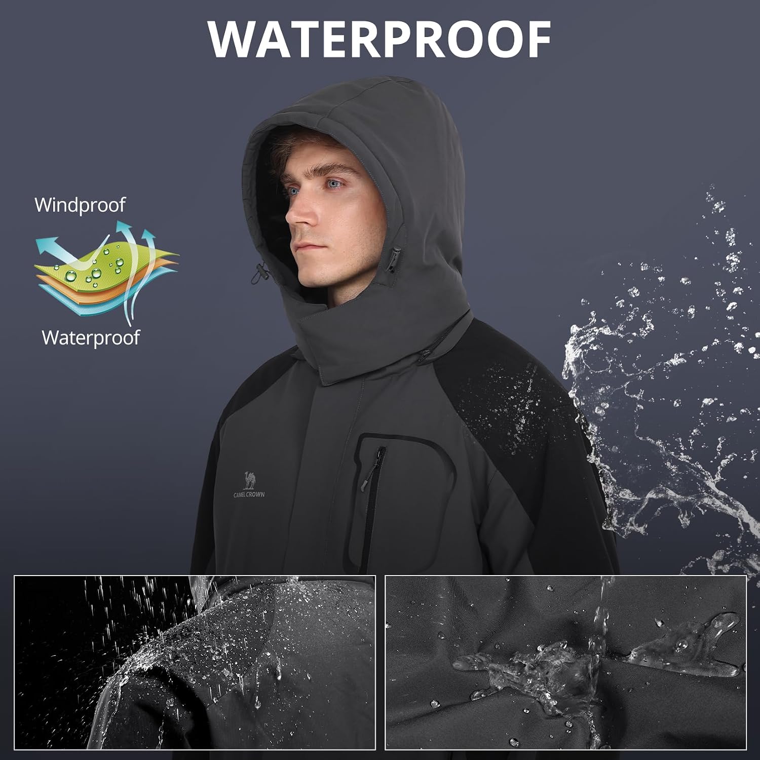 CAMELSPORTS Mens Winter Jacket Waterproof Warm Snow Ski Jackets Faux Fur Fleece Rain Coats with Removable Hood