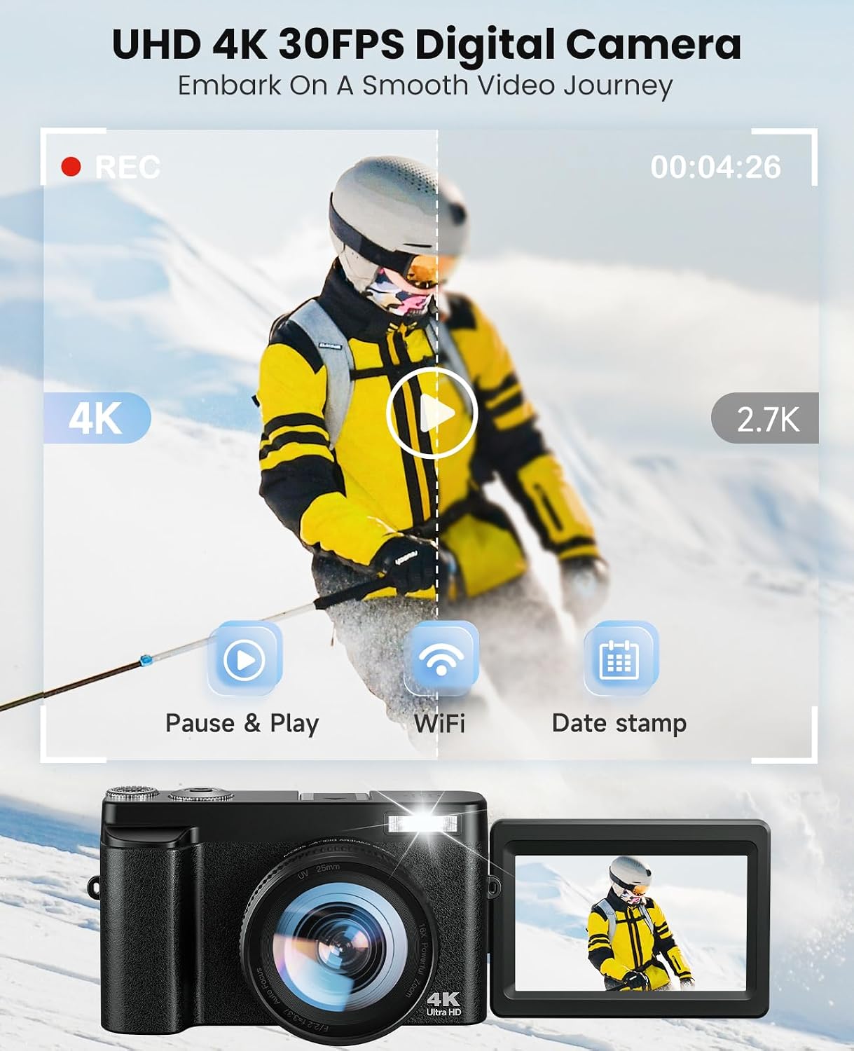 4K Digital Camera for Photography, with WiFi, 180° Flip Screen, 32GB Card