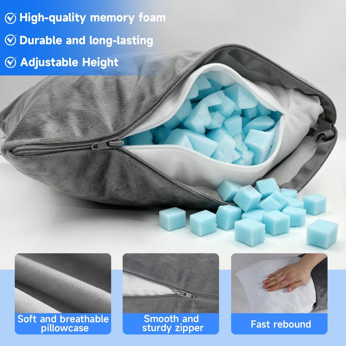 Camping Pillow,Compressible Small Shredded Memory Foam Pillow,Travel Pillow for Airplane,Backpacking and Hiking Grey Medium 1 Pack