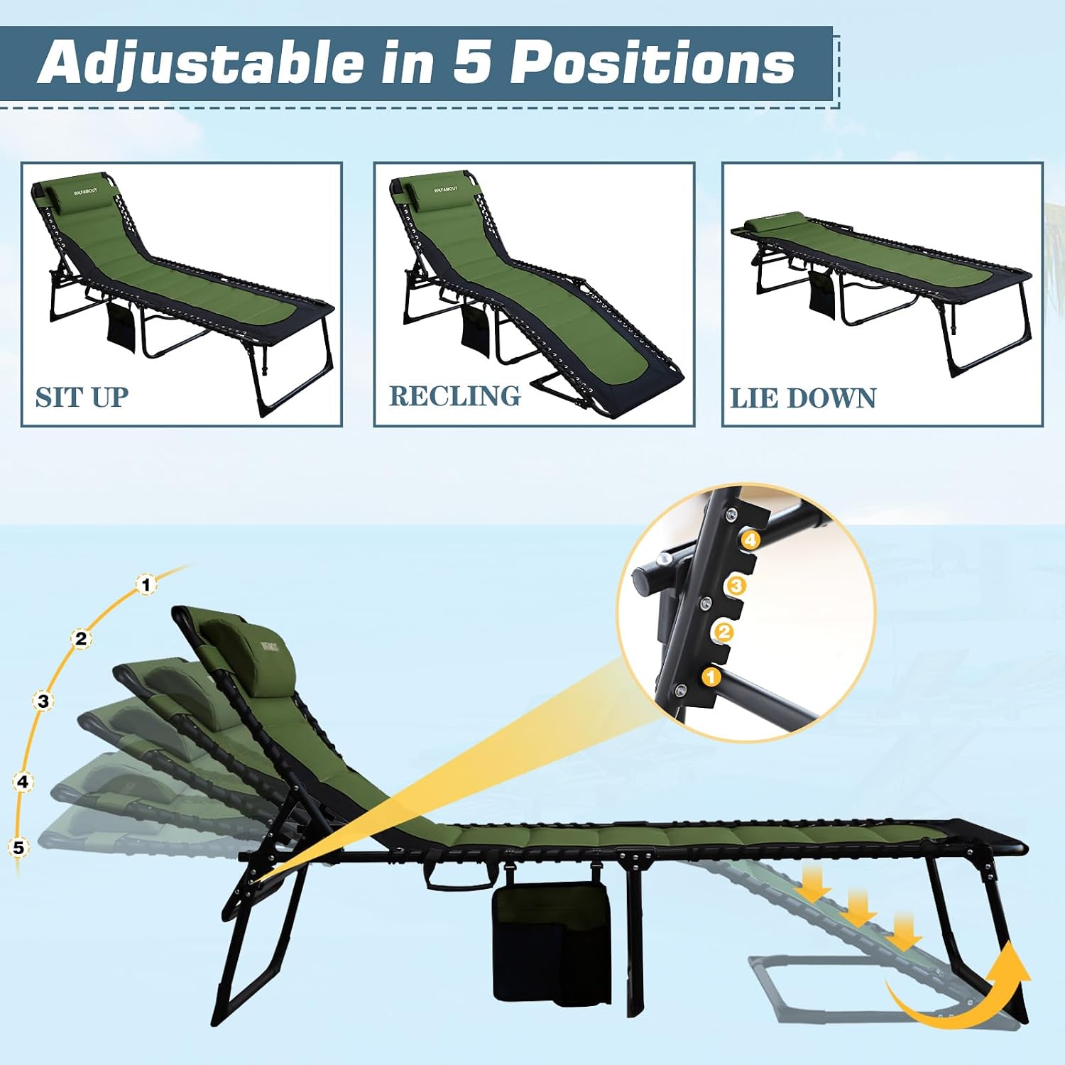 Oversized Padded Outdoor Folding Lounge Chair for Adults 330Ibs Patio Chaise Lounge Chair for Outside Adjustable 5-Position Reclining Beach Chair with Pillow Pocket