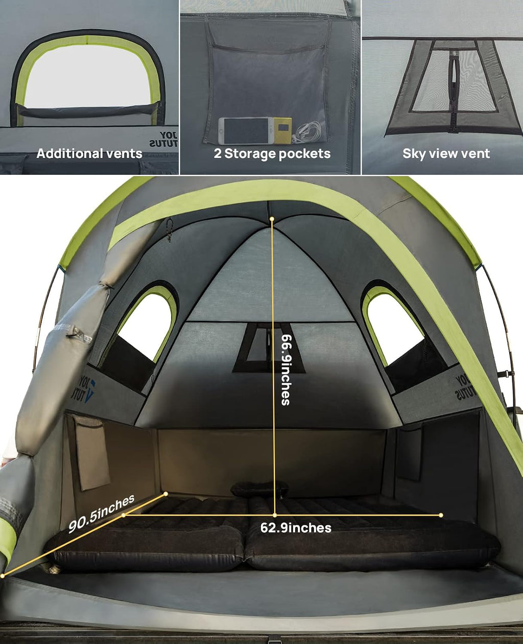 JOYTUTUS Pickup Truck Tent 2.0, Waterproof PU2000mm Double Layer for 2 Person, Portable Truck Bed Tent with Rainfly, 5.5'-5.8' Camping Preferred - Green