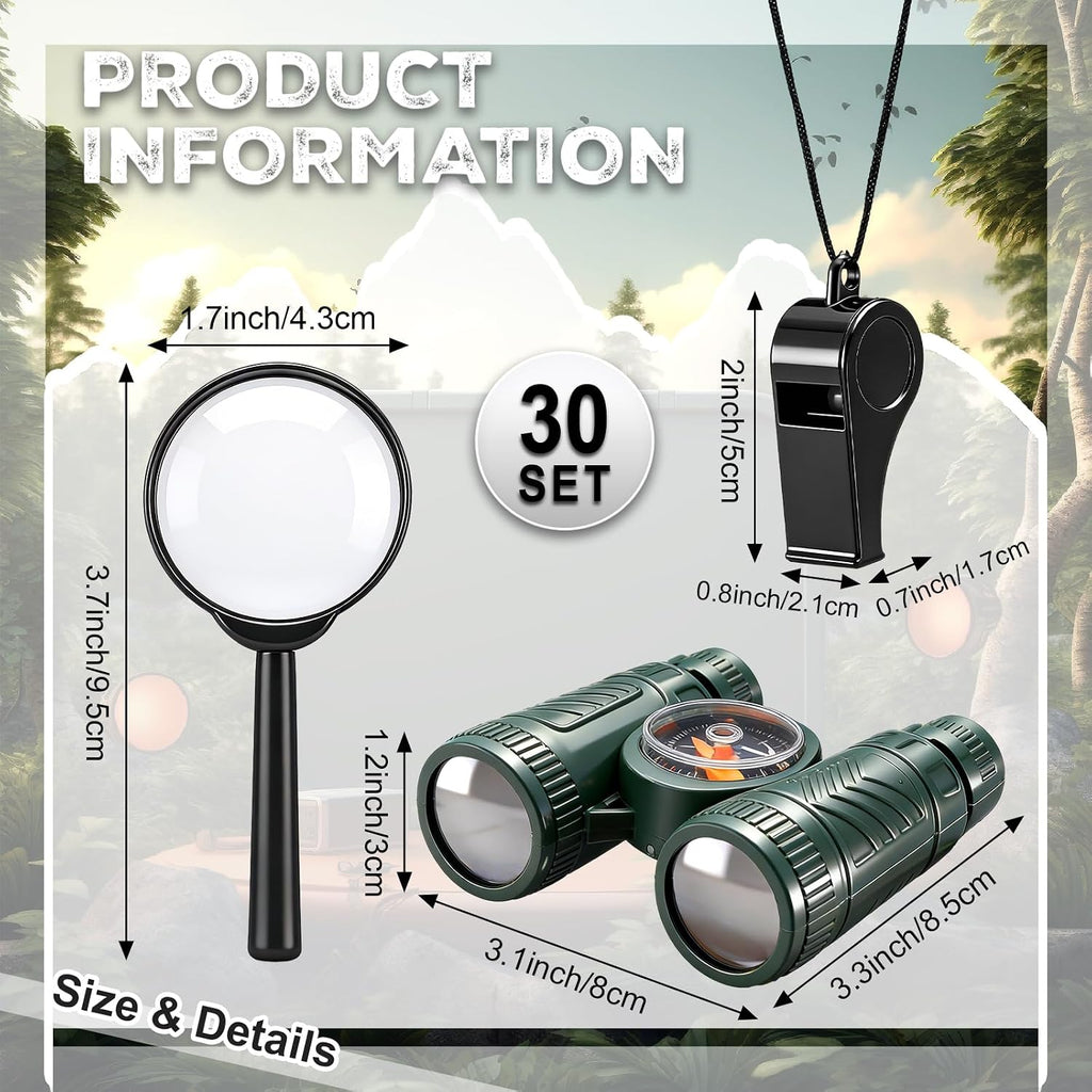 30 Set Mini Binoculars Magnifying Glass Whistle Kit for Bird Watching Outdoor Camping Hiking Exploring Wilderness Adventure