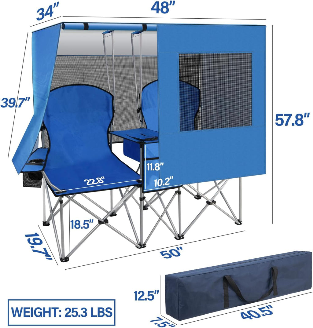 Double Camping Chair with Canopy Shade,Beach Chair Support 600LBS,Blue