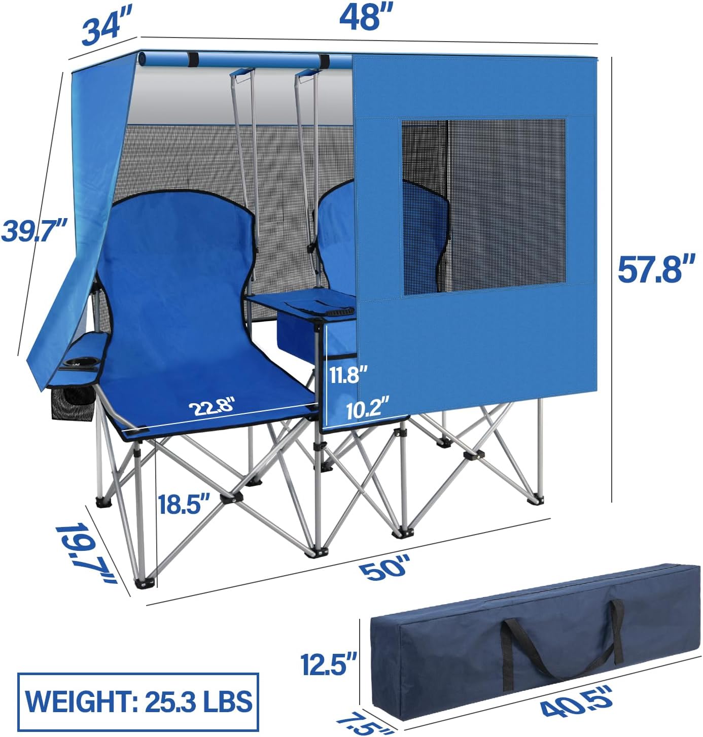 Double Camping Chair with Canopy Shade,Beach Chair Support 600LBS,Blue