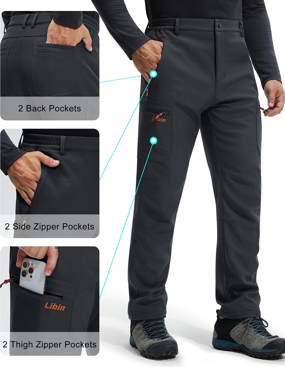 Libin Men's Fleece Lined Hiking Pants Snow Ski Water Resistant