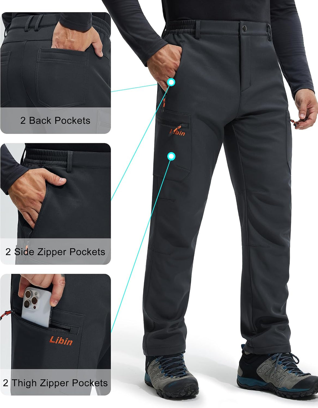 Libin Men's Fleece Lined Hiking Pants Snow Ski Water Resistant