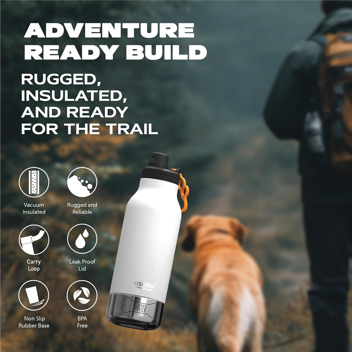 asobu Barky Bottle a Stainless Steel Insulated Water Bottle for with Removable Dog Water Bowl and Dog Food and Treat Storage Bowl (White, 34 oz Water Bottle | 2 Bowls)