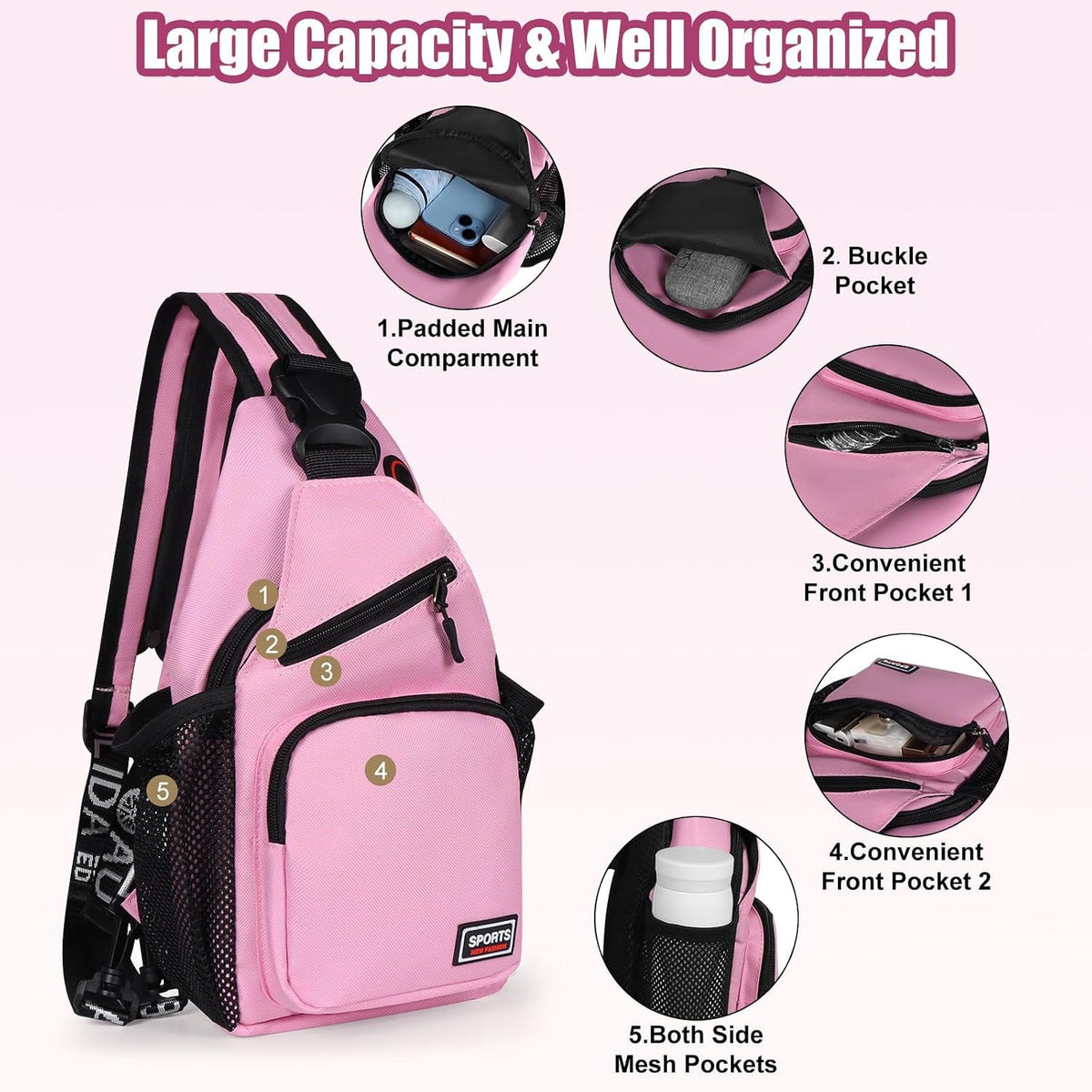 Crossbody Backpack Convertible Sling Bag for Women Men with Adjustable Strap Small Casual Daypack for Hiking Traveling (Large, 13-Inch, Pink)