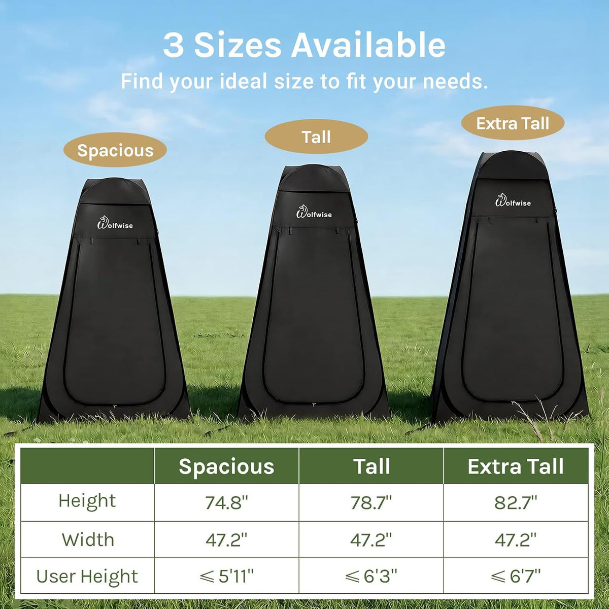 WolfWise PRO Pop Up Shower Tent with Silver Coated, Floor and Rain Fly