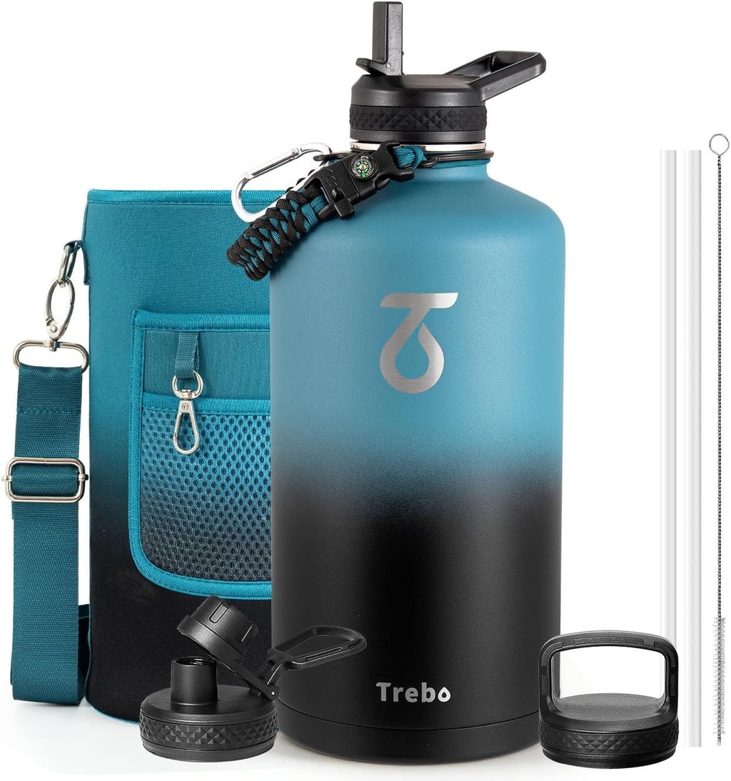 Trebo One Gallon Water Bottle Insulated with 3 Lids, Paracord Handle & Bag