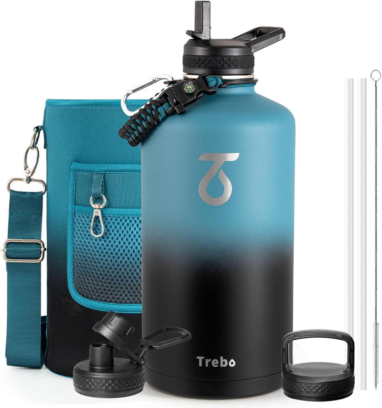 Trebo One Gallon Water Bottle Insulated with 3 Lids, Paracord Handle & Bag