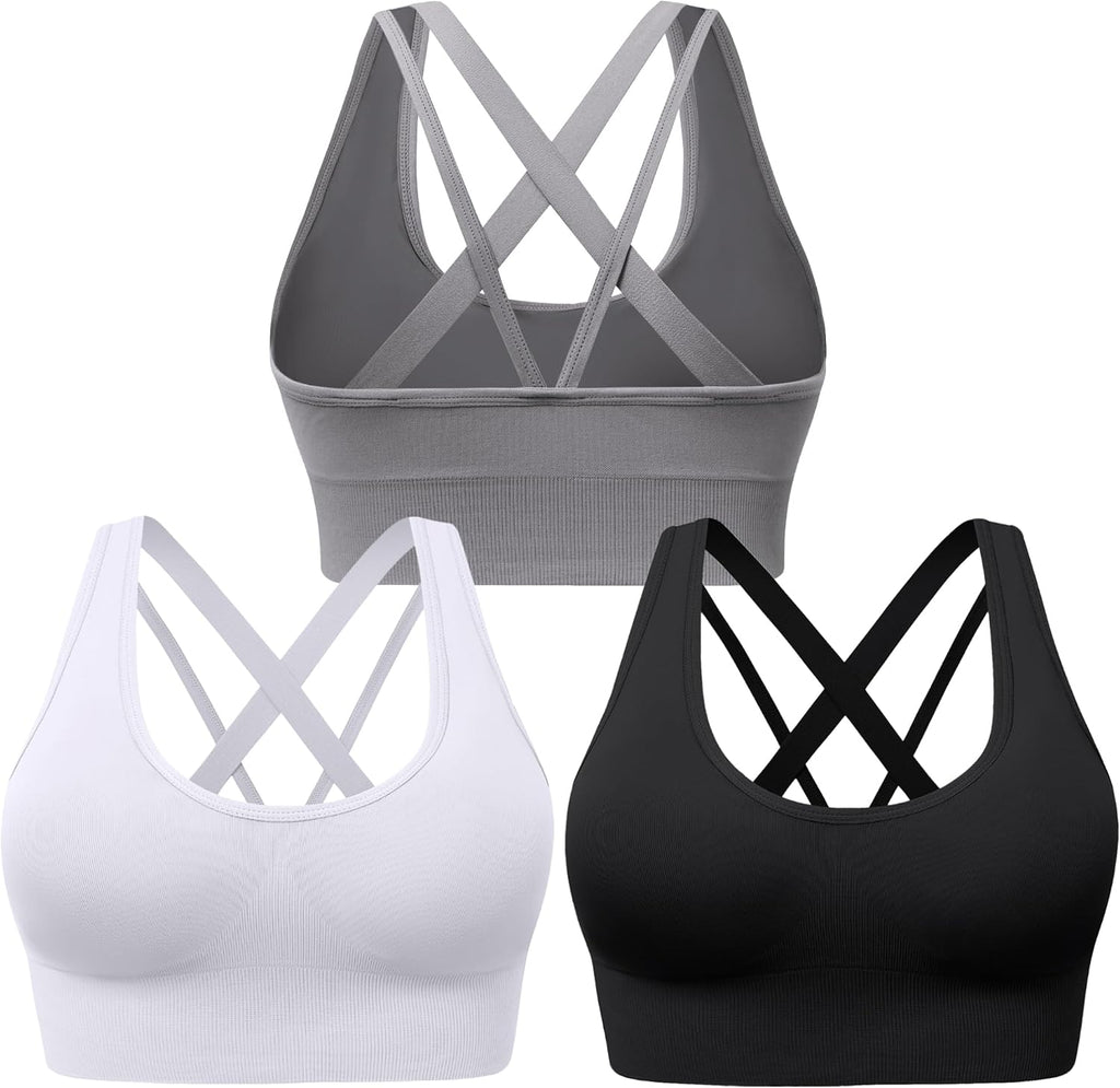 Women's Cross Back Sport Bras, Padded Strappy Seamless Low Impact 3-5 Pack