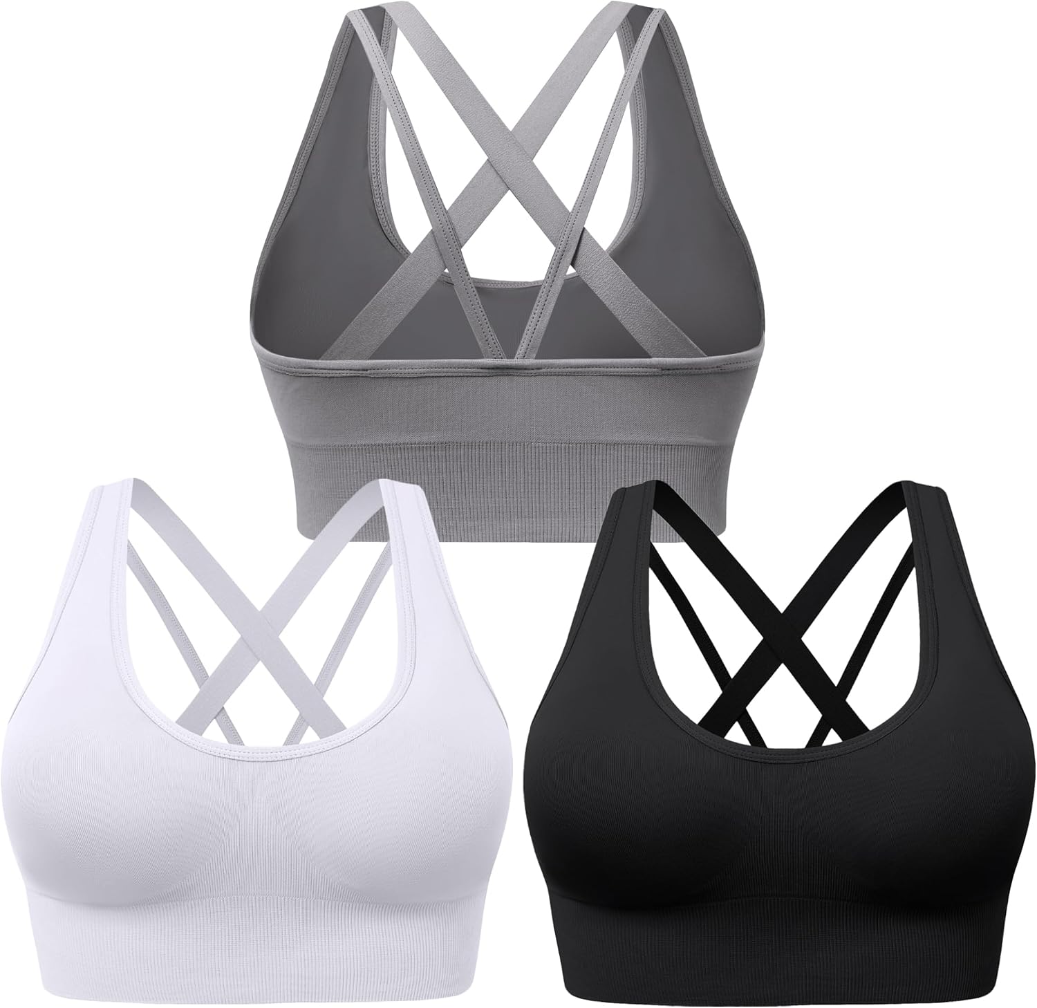 Women's Cross Back Sport Bras, Padded Strappy Seamless Low Impact 3-5 Pack