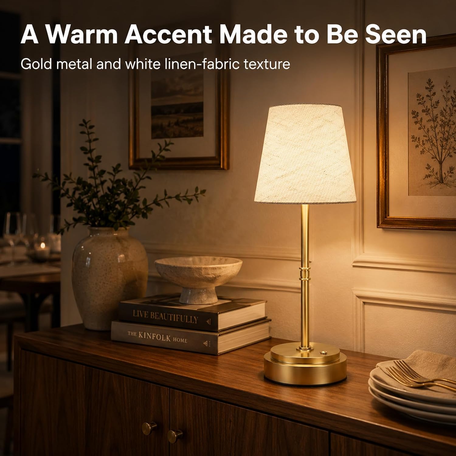 Rechargeable Cordless Table Lamp, Nightstand to End Table,Gold,1 Pack