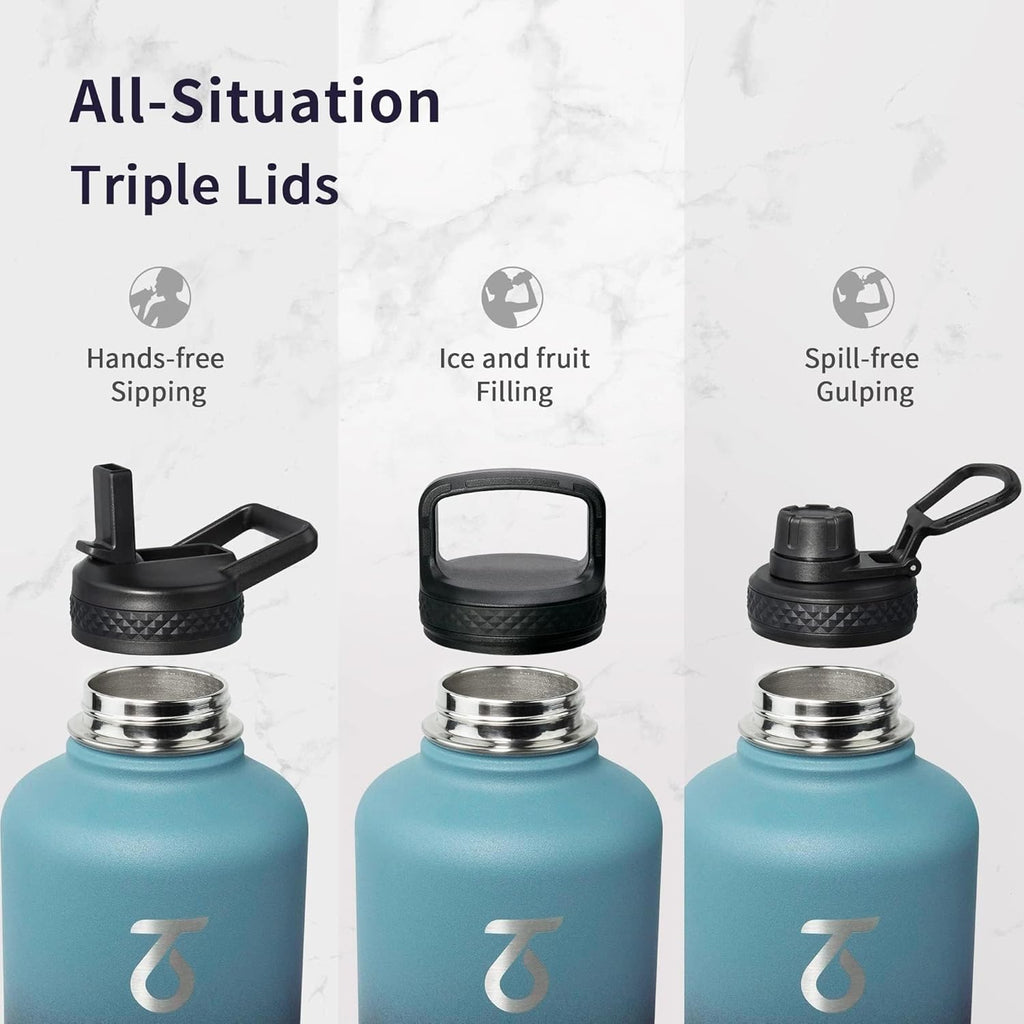 Trebo 64 oz Water Bottle Stainless Steel with 3 Lids, Paracord Handle & Bag