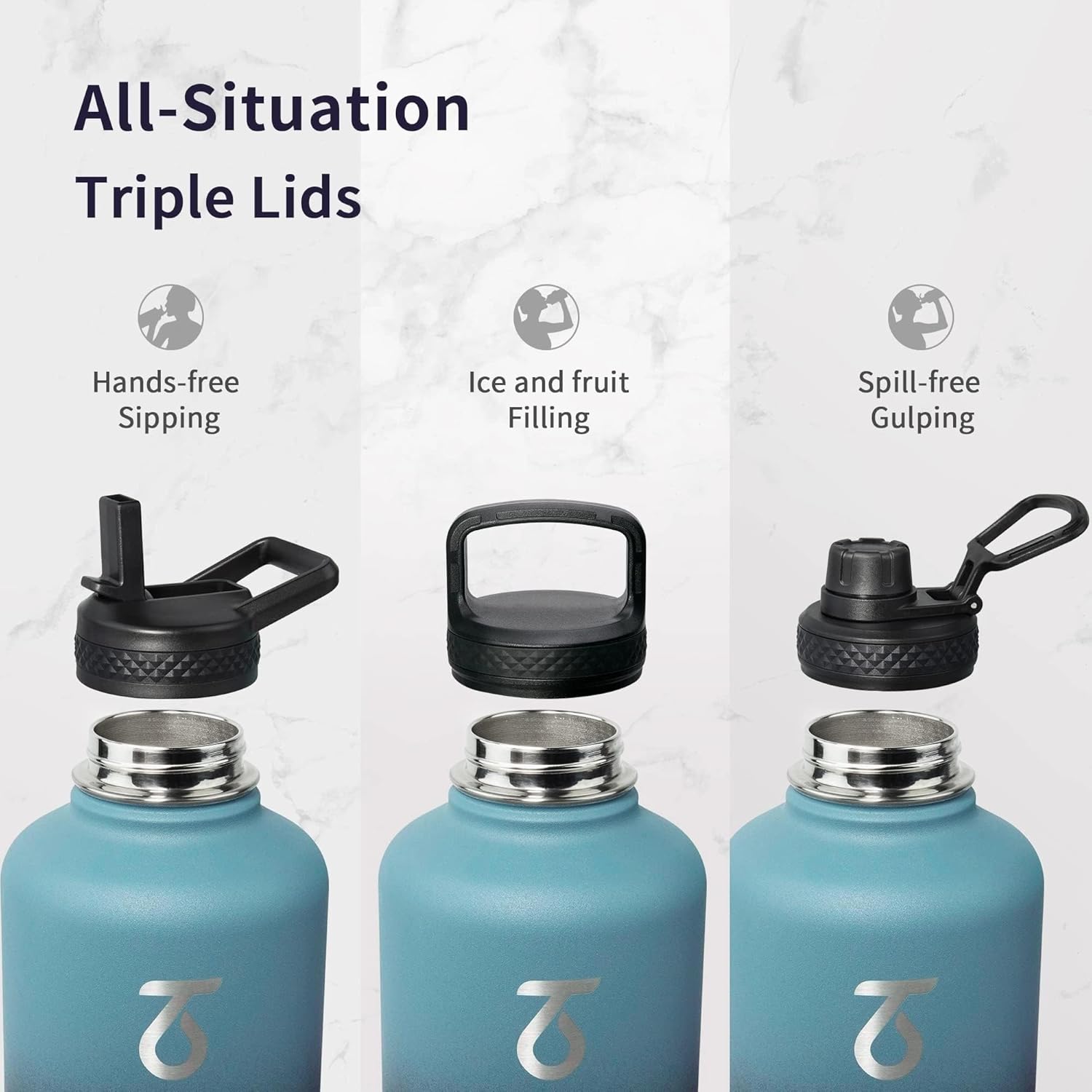Trebo 64 oz Water Bottle Stainless Steel with 3 Lids, Paracord Handle & Bag