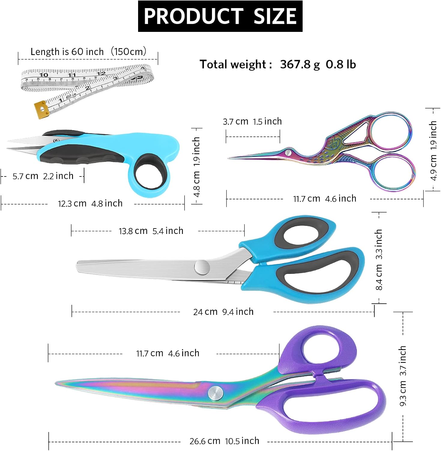 Asdirne Sewing Bundle - Sharp Stainless Steel Scissors, Comfortable Handle, Includes Fabric, Pinking, Embroidery Scissors, Thread Snips, Measuring Tape - 5 Pcs
