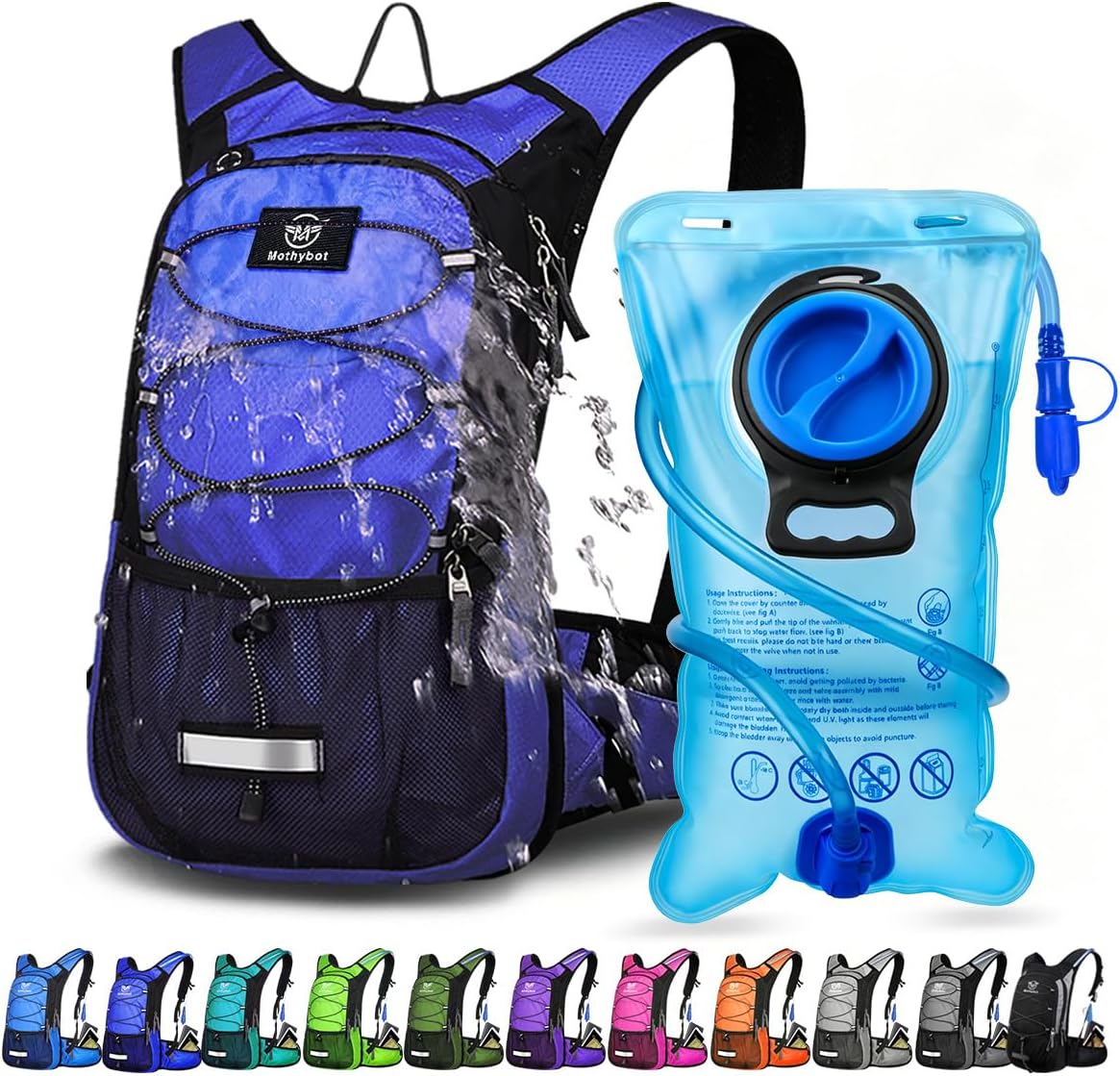 Mothybot Insulated Hydration Backpack Pack with 3L BPA Free Leak Proof Water Bladder, Large Storage Lightweight Hiking Daypack with Waist Pouches & Cooler Layer, for Running, Biking, Camping, Festival