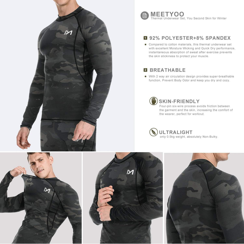 MEETYOO Thermal Underwear for Men, Winter Gear Long Johns Base Layer Top and Bottom Set for Skiing Running