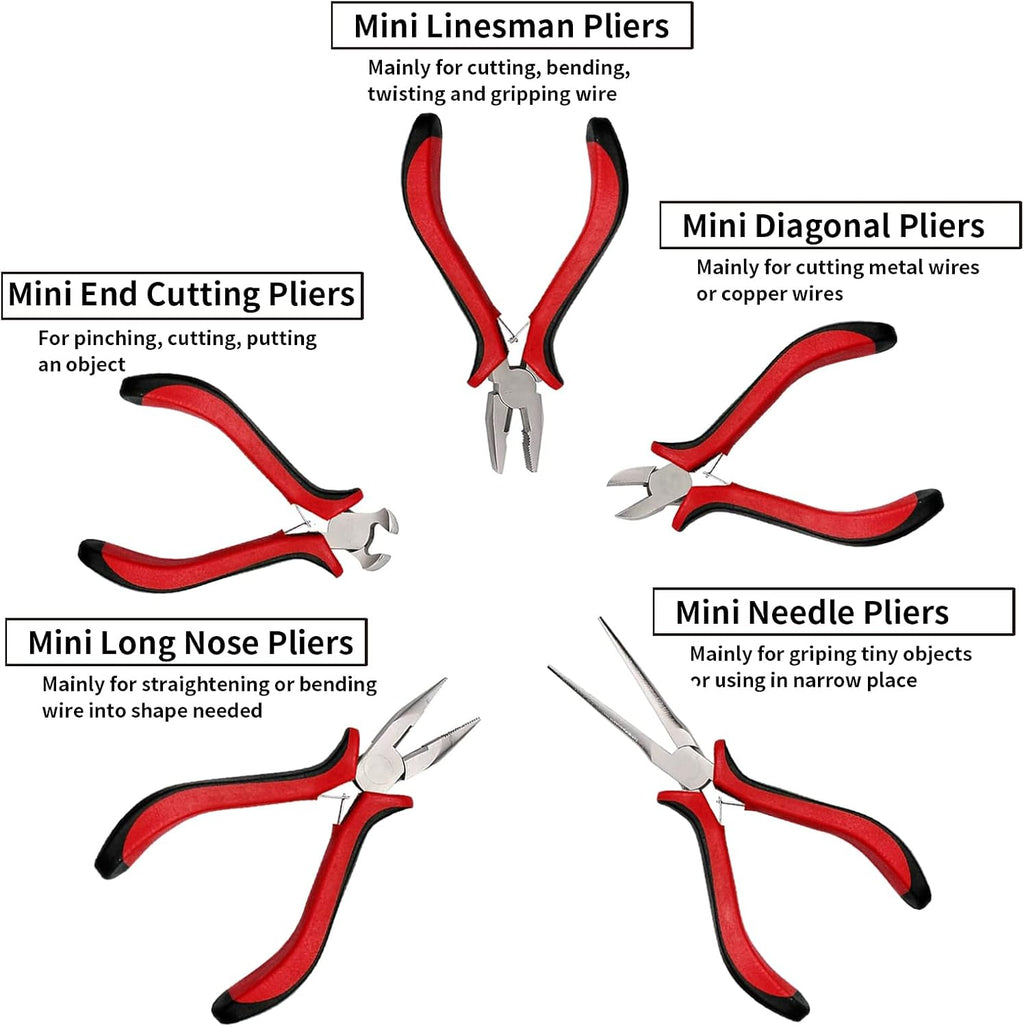 5 pcs mini pliers set, small pliers set includes pointed nose, long nose, oblique nose, flat nose and wire cutters with storage bag, suitable for electronic repair and jewelry, DIY tools