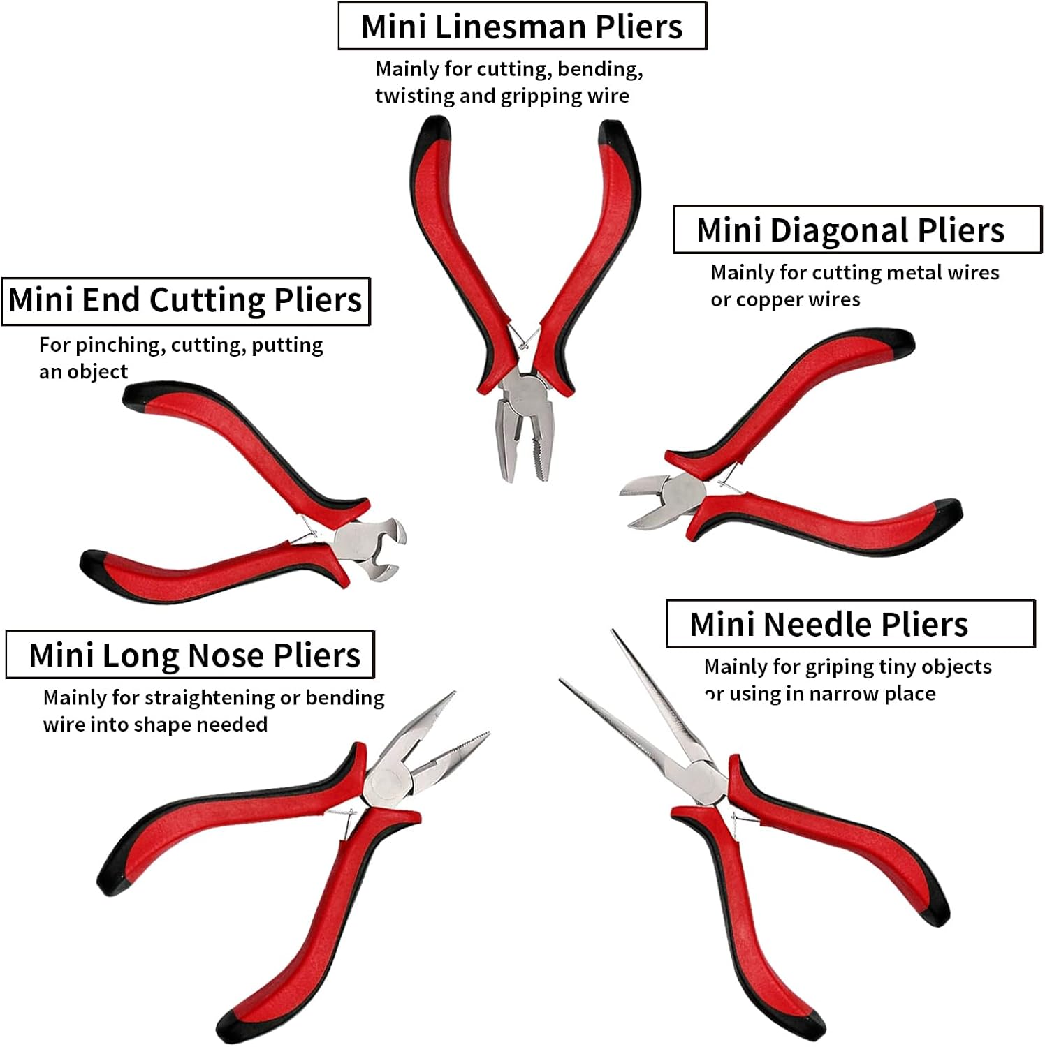 5 pcs mini pliers set, small pliers set includes pointed nose, long nose, oblique nose, flat nose and wire cutters with storage bag, suitable for electronic repair and jewelry, DIY tools