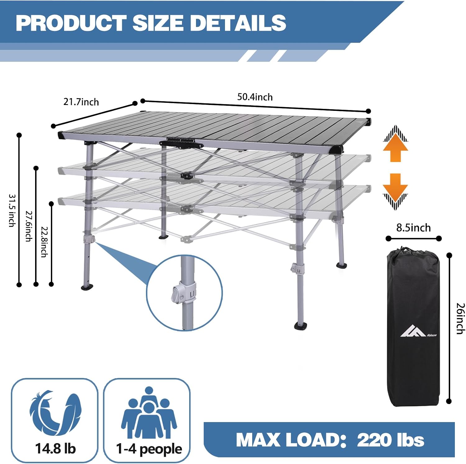 Ablazer Adjustable Aluminum Camping Table, 48.8-Inch Roll-Top