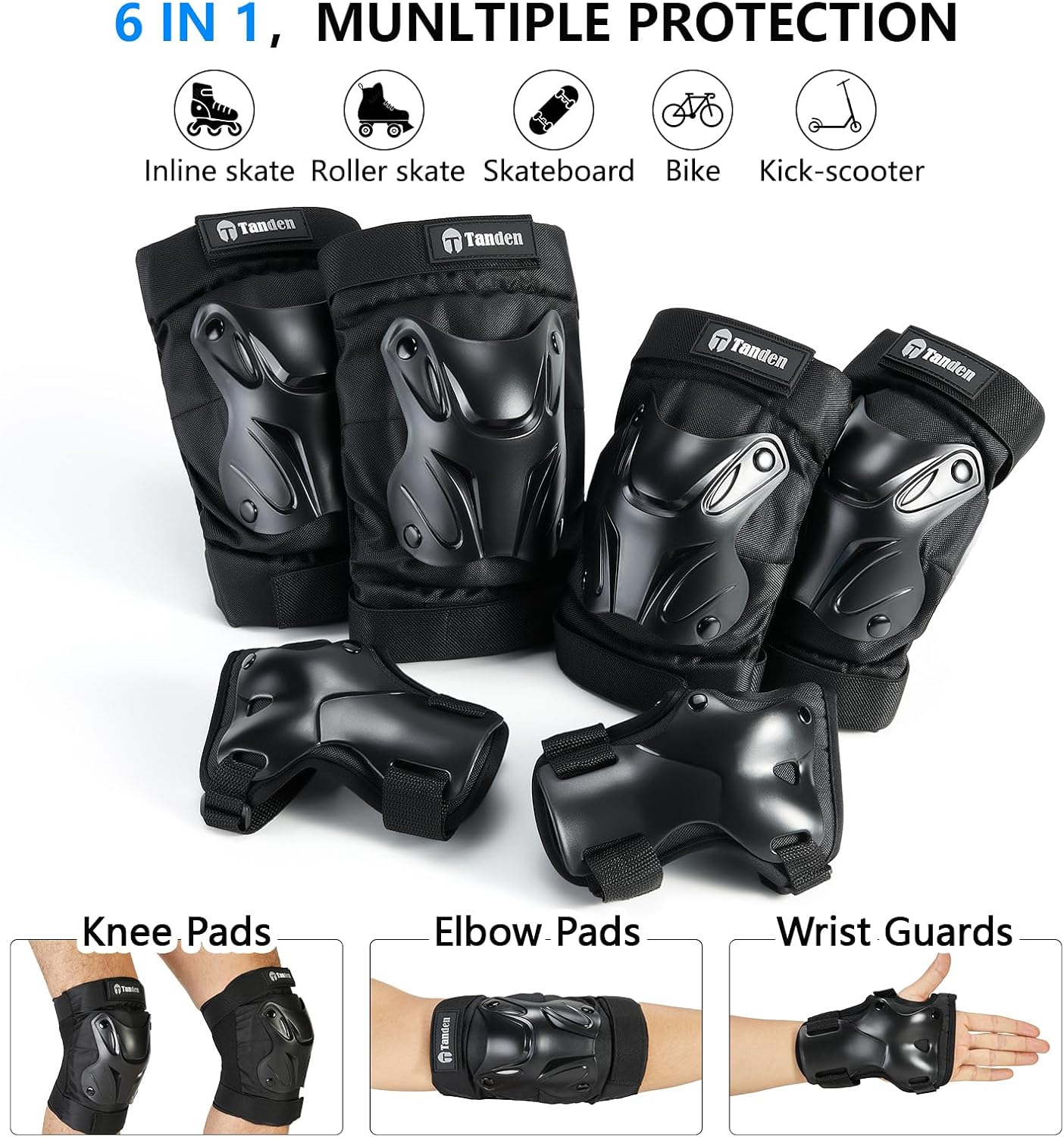 Tanden Skating Protective Gear Knee and Elbow Pads Wrist Guards for Roller Skating Skateboarding, Skate Pads Adult Knee Pads