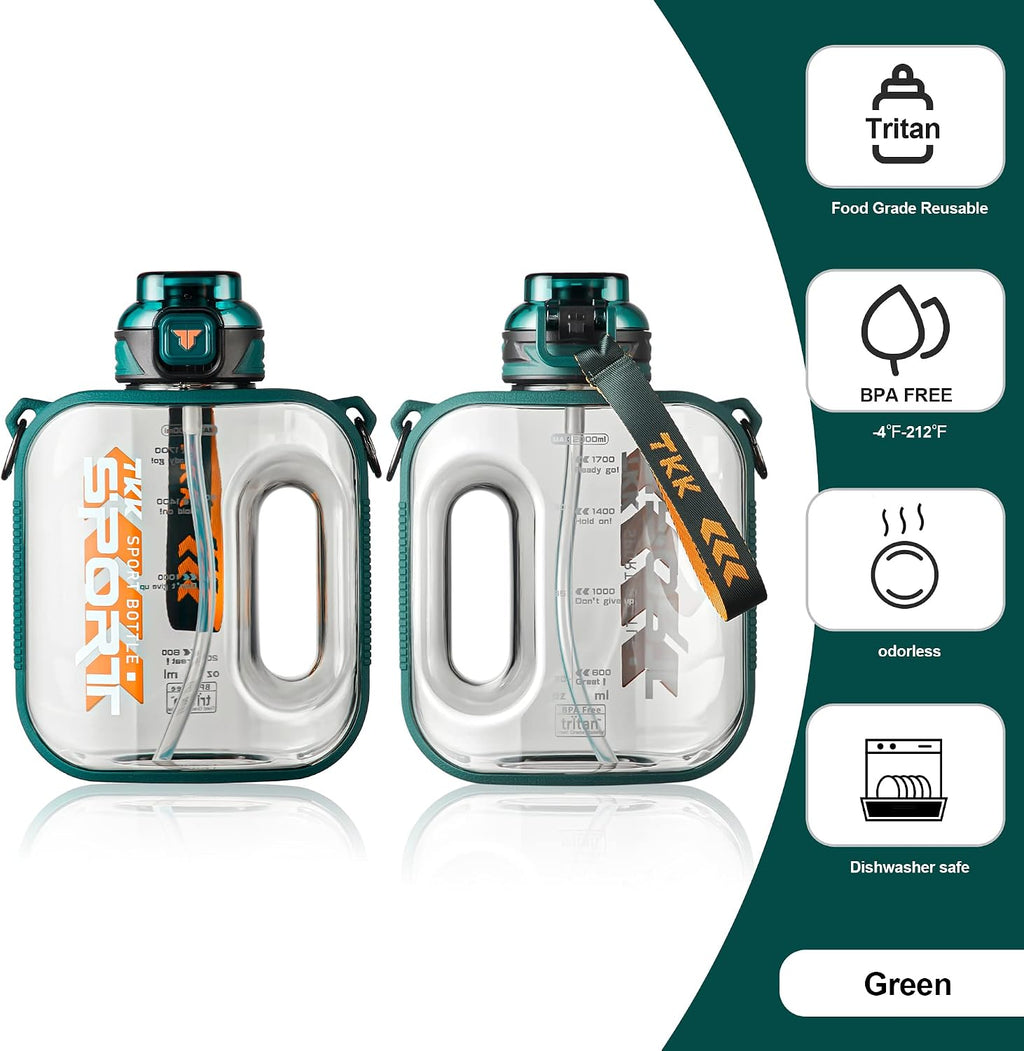 TKK Half Gallon Water Bottle Jug with Straw Large Capacity Plastic Water Bottle Dishwasher Safe 1/2 Gallon 64 Oz Water Bottle Jug BPA Free Tritan for Gym Yoga Travel Camping Outdoor Green Teal