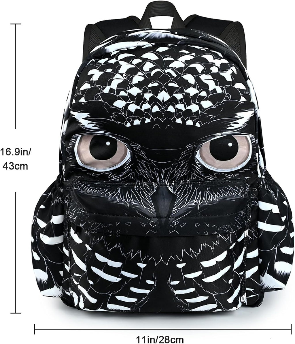 Black Owl School Backpack for Girls Boys Teens Bookbag 17 Inch Laptop Backpack for Sports Travel Camping