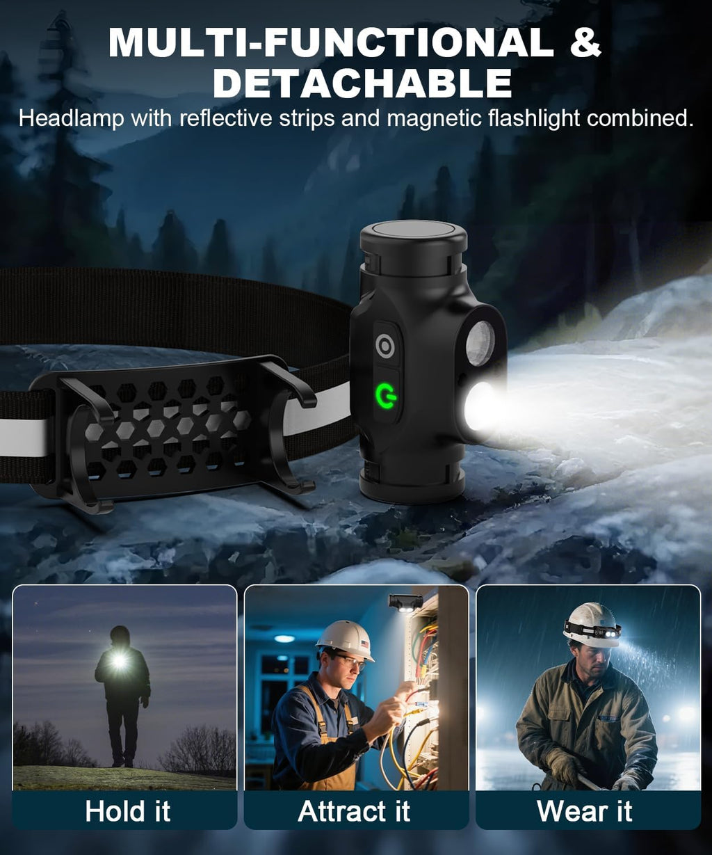Rechargeable Running Headlamp 8PC, 1500 Lumens Bright Head Lamp Led with Motion Sensor, 4 Modes, Magnet, Detachable Flashlight & Headband for Adult, Outdoor, Emergency, Hard Hat Light