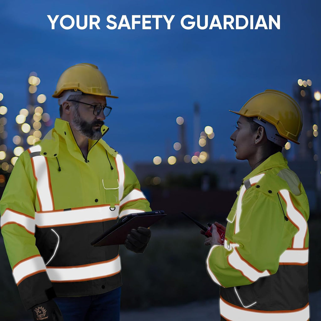 TICONN Reflective Rain Jacket, Waterproof ANSI Class 3 Hi Vis Safety Coat