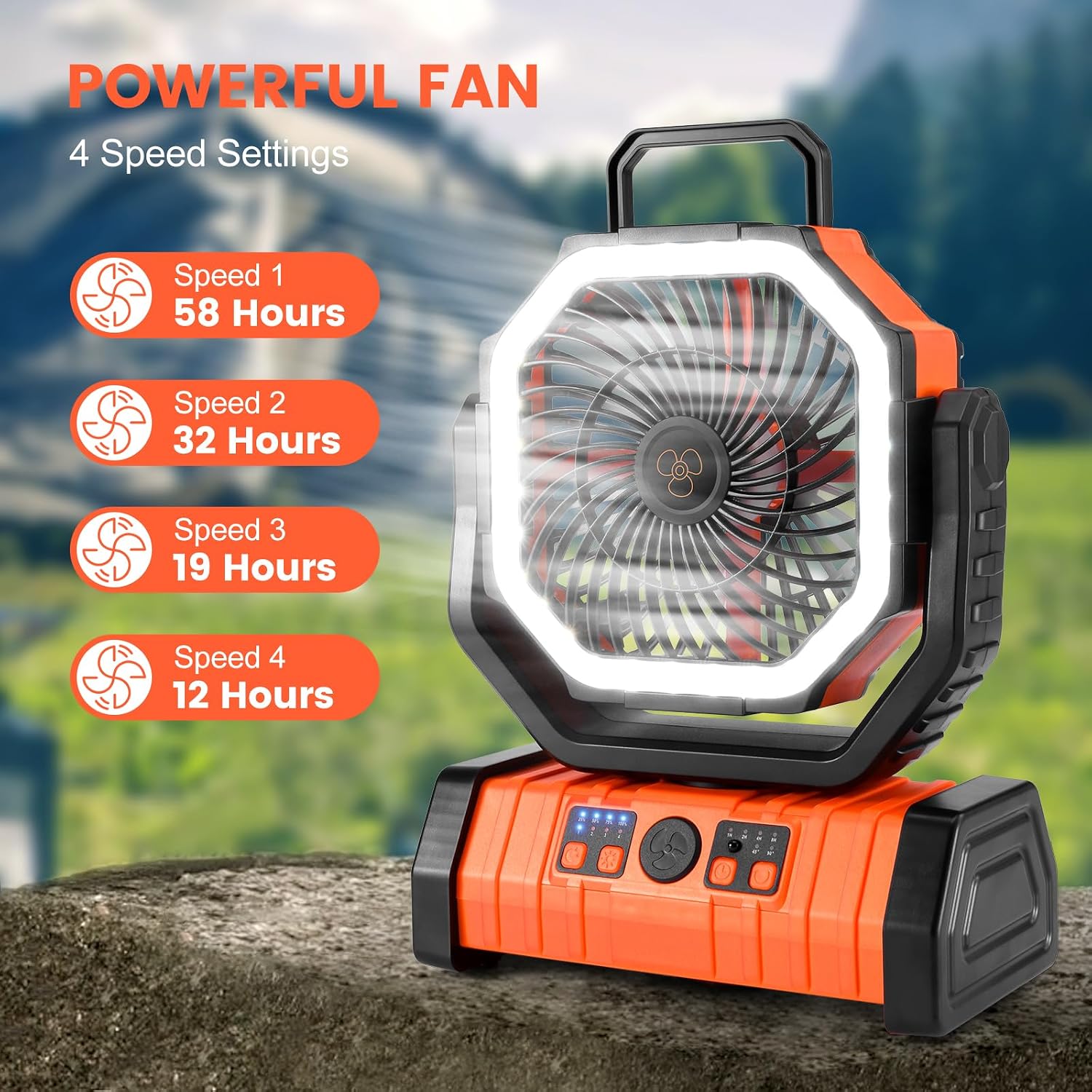 Odoland 30000mAh Camping Fan with LED Lantern, Rechargeable Battery Fan | Operated Oscillating Fan with Remote & Hook, Portable Tent Fan with Timer, 4 Speeds for Outdoor Camp RV Power Outage, Orange