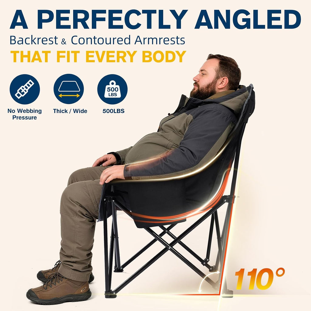 Heated Oversized Camping Chair, Heavy Duty Padded, Thick Headrest, Black