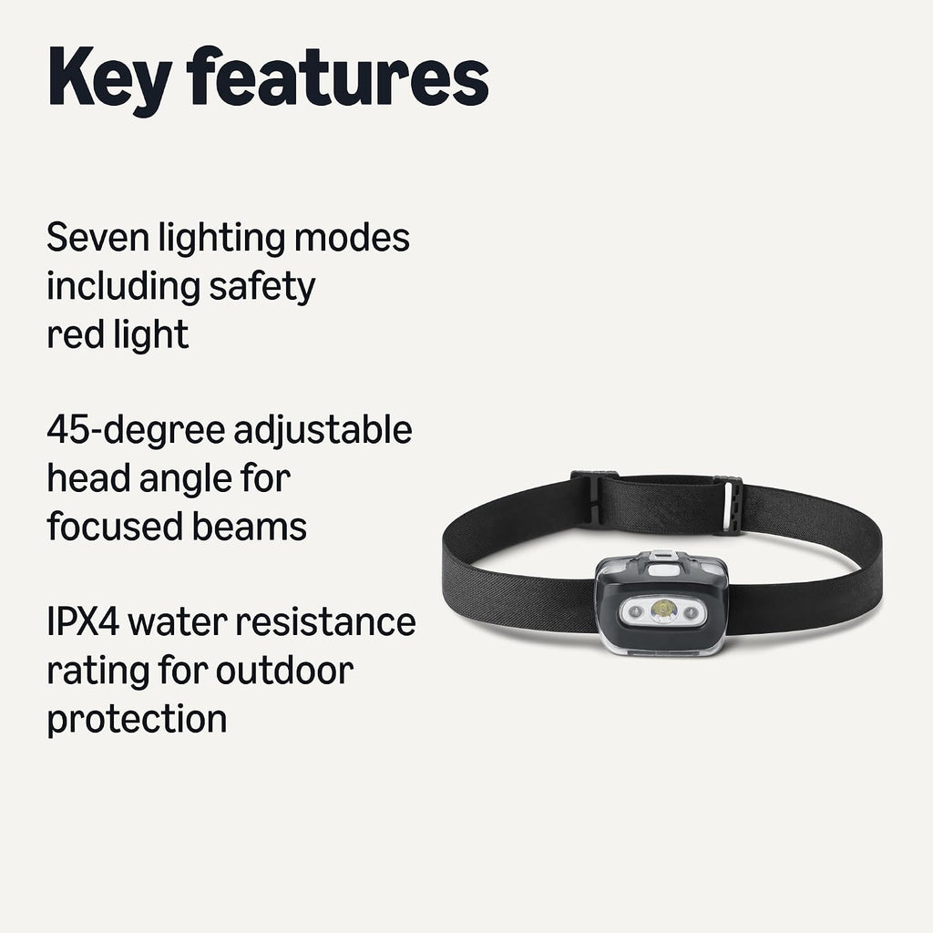 Amazon Basics Outdoor and Camping Essentials Headlamps, 45-Degree Adjustable, 7 Lighting Modes with Red Light, Water Resistant, 2-Pack, Black