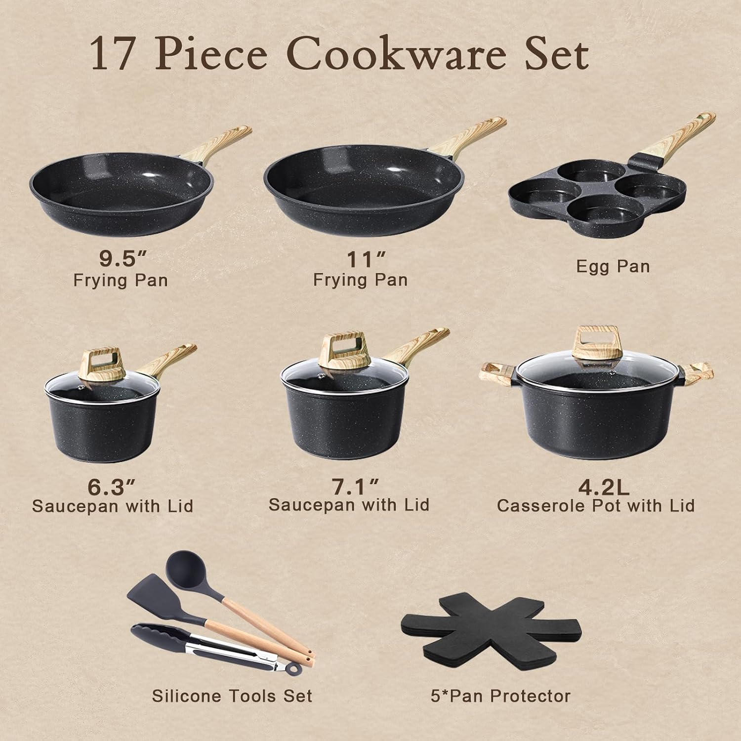 GiPP Ceramic Pots and Pans Set Non Stick - 17 Pcs Nonstick Cookware Set, Non-toxic Healthy Kitchen Cooking Set w/Frying Pans Set, Dishwasher Safe, PFAS PTFE PFOA PFOS Free, Dark Gray