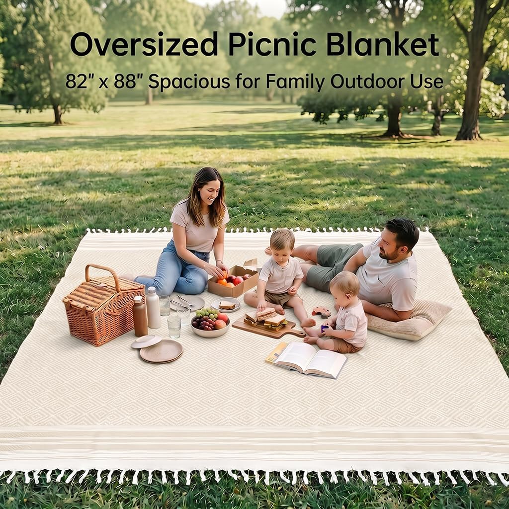 Yongoes Turkish Beach Towel Blanket Oversized 82x88 Beige Boho