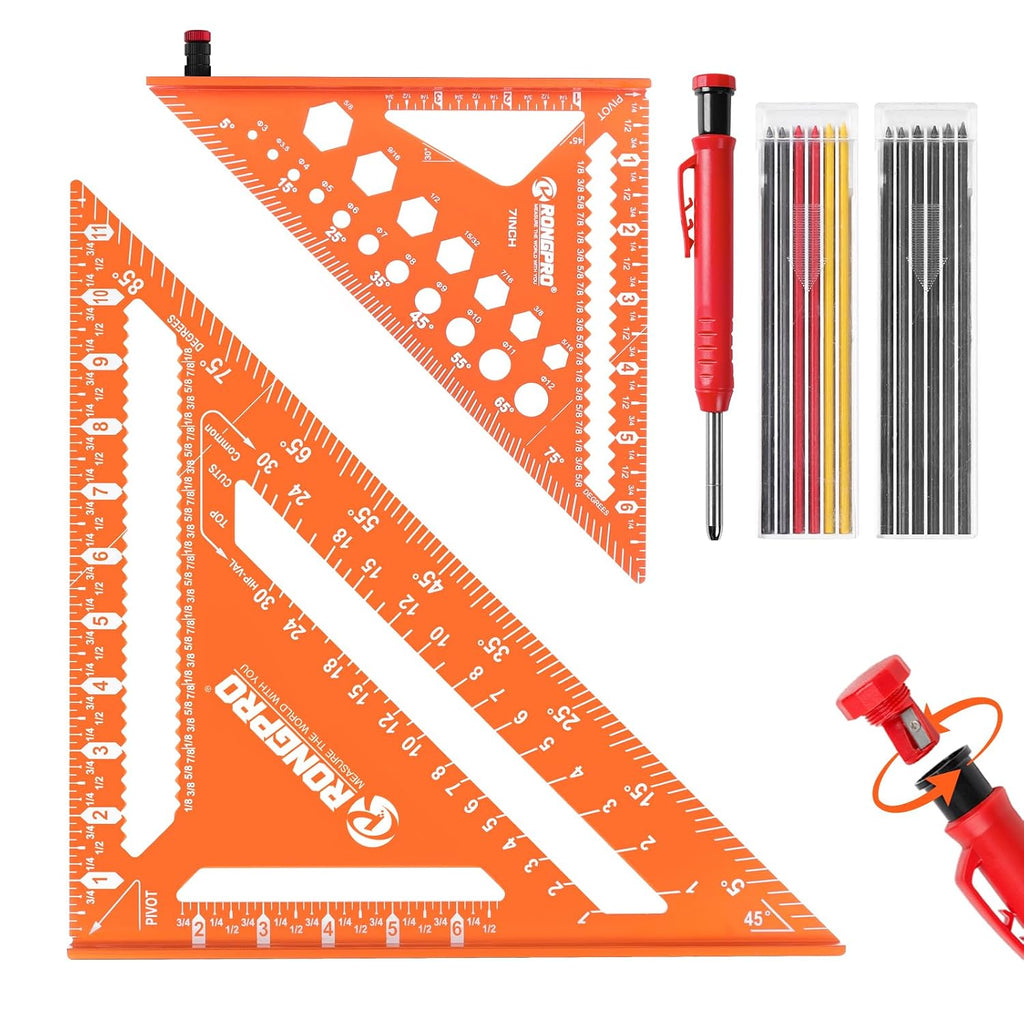 2pcs Rafter Square, 12-inch & 7-inch Carpenter Sqaure Set withWoodworking Pencil, Carpenter Measuring Layout Tool,Aluminum Alloy Triangle Ruler for Woodworking- Imperial