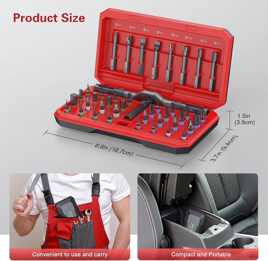Bomivoi 42 in 1 Magnetic Screwdriver Set, DIY Ratchet Screwdriver Set, Multi Bit Magnetic Drive Set with Detachable Ratchet Handle, Portable Compact Repair Tool Kit for Furniture Computer Bicycle Red