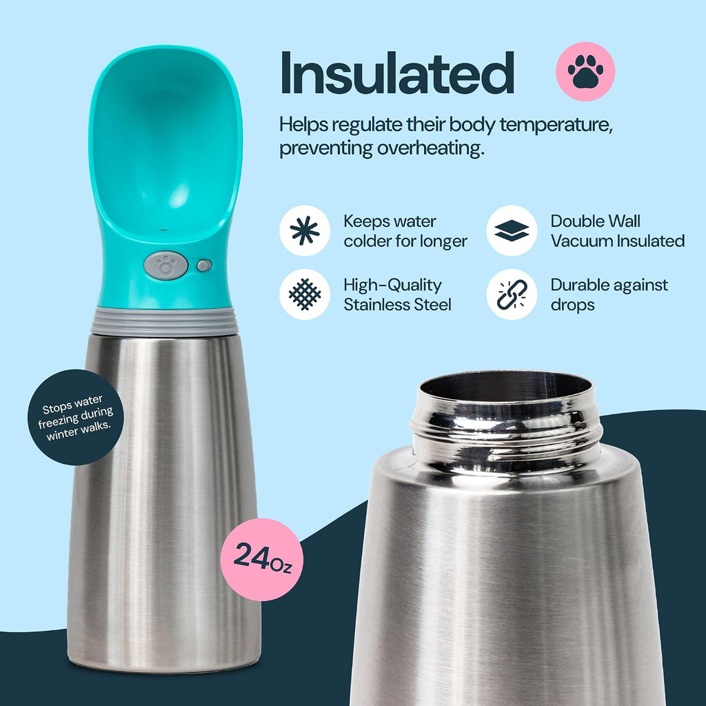 MalsiPree Insulated Dog Water Bottle - 24 oz Blue, Stainless Steel