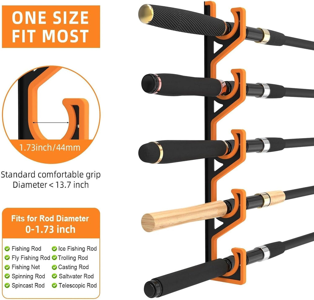 2 Pack Horizontal Fishing Rod Holders for Garage Wall & Ceiling, Anti-Scratch Soft PU Pad Rod Rack, Fishing Pole Storage Organizer Holds up to 10 Rod, Wall Mount Rod Keepers for Casting Rods