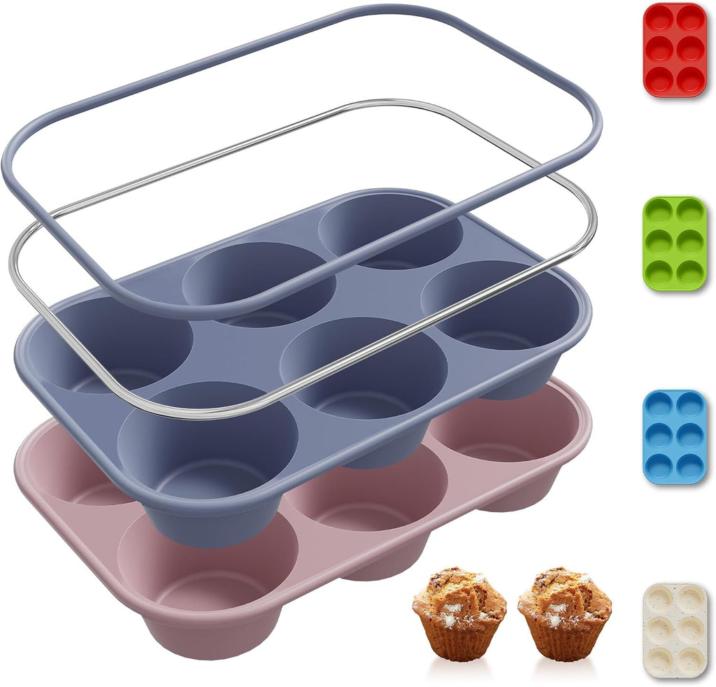 Socisen 2 Pack 6 Cups Jumbo Muffin Pan with Metal Reinforced Frame Silicone Molds Egg Bites Silicone Circle Cookie Molds Extra Large Muffin Tin Jumbo Tart Pans Baking Sheet Set for Sandwiches