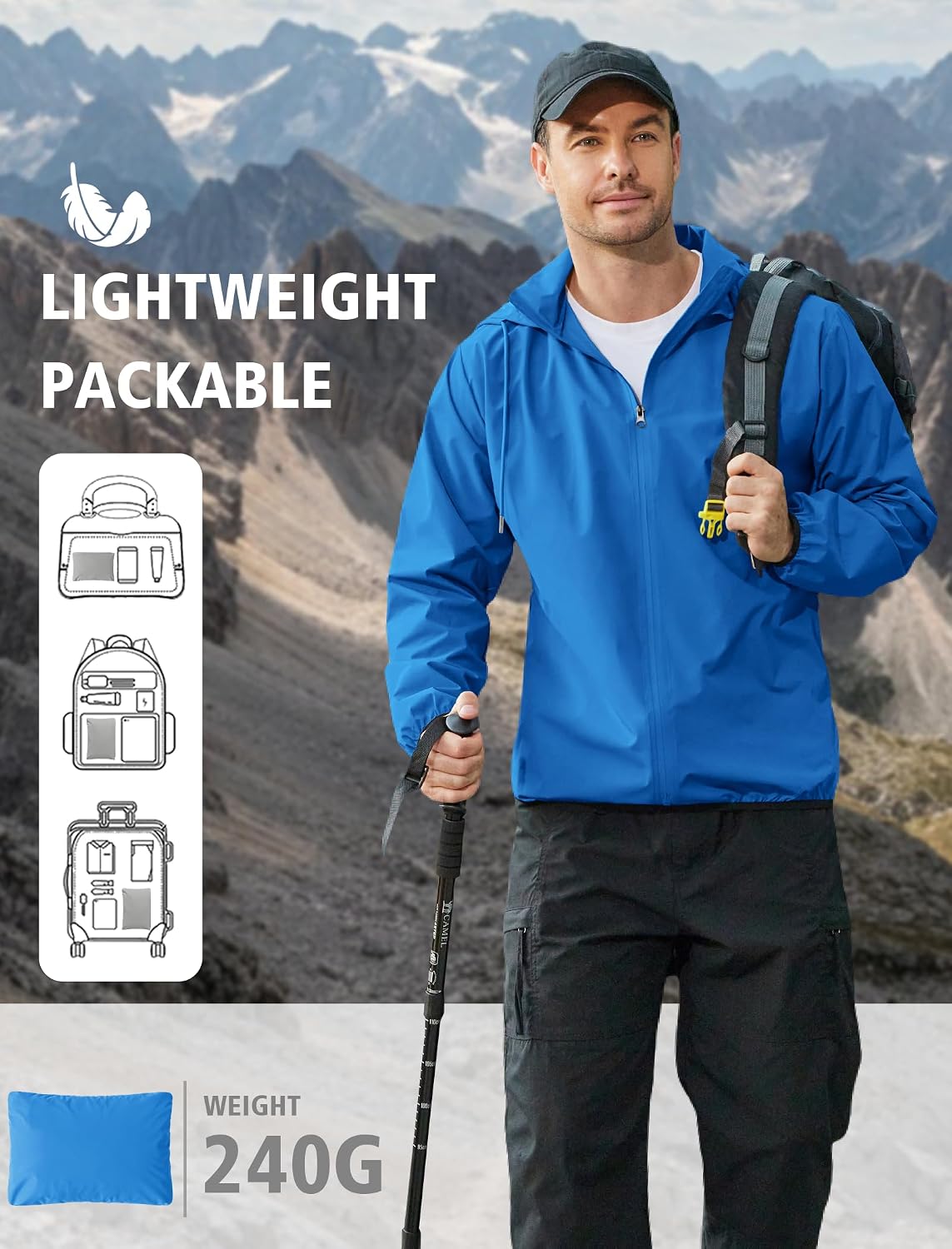 COOFANDY Men's Light Rain Jacket Packable Waterproof Raincoat Windbreaker