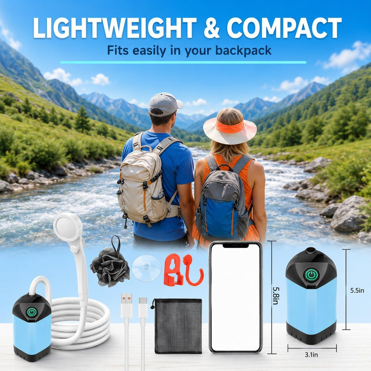 Portable Shower for Camping, 7800mAh Rechargeable Camping Shower Pump